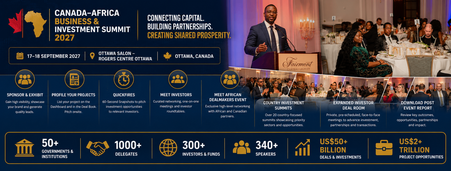 Canada–Africa Business & Investment Summit 2027 — Summit Profile: 50+ Governments, US$50+ bn Deals, 350+ Speakers, 10,000+ App Connections, 1,000+ Delegates, 300+ Investors, 100+ Countries, US$2 Trillion+ Project Opportunities